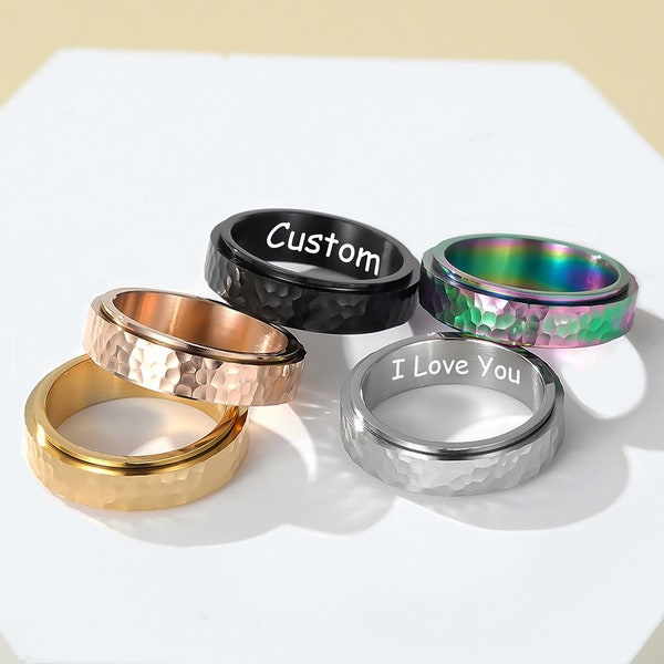 Custom Fidget Ring, Personalized Anxiety Ring, Hammered Spinner Band, Multi Color Rings, Stainless Steel Engraved Ring, Breathe Ring