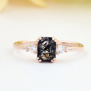 Rutilated Quartz Ring, Natural Black Gemstone Ring, Engagement Ring for Women, Wedding Ring, Promise Ring, Sterling Silver Plated Rose Gold image 1