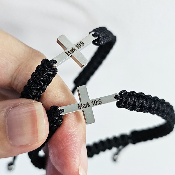 Custom Engraved Cross Bracelet, Christian Jewelry, Braided Faith Bracelet, Dainty Religious Gift, Adjustable Rope, Couples Bracelet