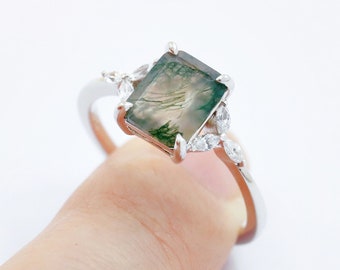 Bague d’agate de mousse naturelle, bague d’agate de mousse verte, bague de mousse en argent sterling 925, alliance pour elle, bague de promesse, bague de fiançailles pour femmes