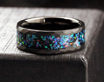 Custom Man Ring, Personalized Galaxy Opal Wedding Band, 8mm Black Tungsten Ring, Hammered Promise Ring for Him, Unique His Engagement Ring