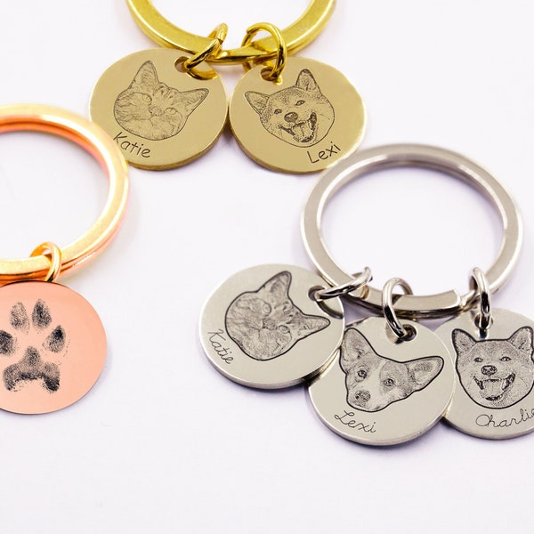 Pet Keychain, Engraved Dog Portrait Dog Tag, Personalized Cat Photo Keyring with Name Phone Number, Custom Pet Picture Gift, Pet Memorial