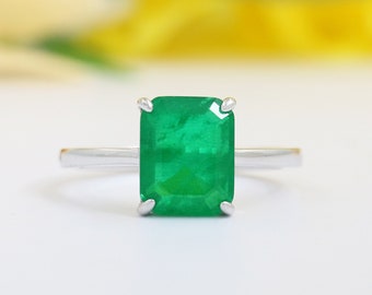 4CT Solitaire Emerald Cut Engagement Ring, Lab Created Emerald Ring, Women Minimalist Wedding Ring, May Birthstone Ring, Anniversary Gift