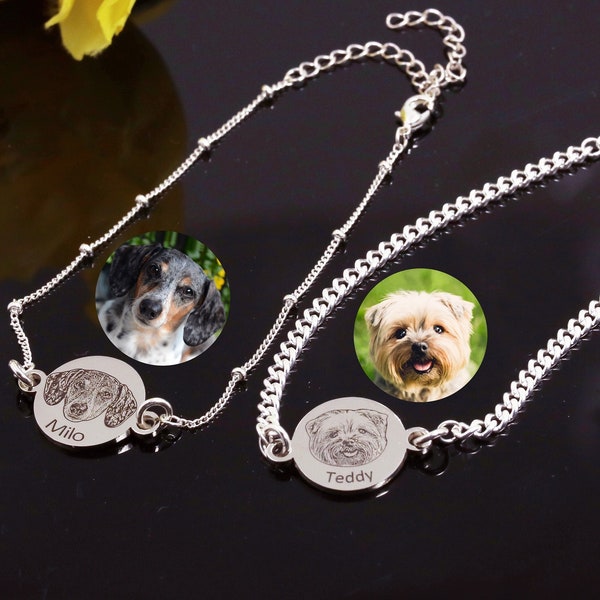 Custom Pet Photo Bracelet, Personalized Dog Photo Bracelet, Cat Picture Charm, Portrait Engraved Gift for Pet Lover, Pet Loss Memorial