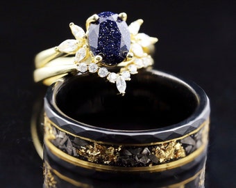 Aangepaste bijpassende belofte ring set, gepersonaliseerde trouwringen voor paar, zijn en haar verlovingsring, blauwe zandsteen ring, wolfraam ring