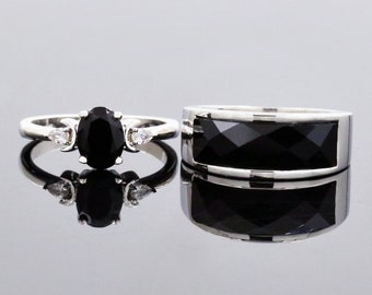 Black Onyx Ring, Personalized His and Hers Engagement Ring, Custom Wedding Ring Set, Promise Rings for Couples, Matching Couple Rings