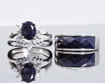 Anillos de promesa a juego para parejas, alianza de boda personalizada, conjunto de anillos de compromiso personalizados para él y para ella, anillo de arenisca azul natural