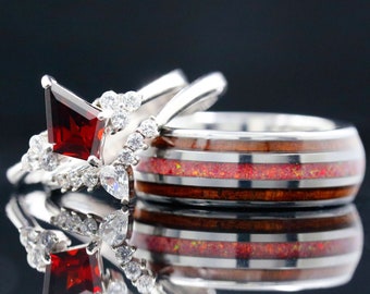 Set di anelli di fidanzamento personalizzati, Anello per lei con granato rosso, Anello per lui in tungsteno di legno opale, Anello di promessa abbinato, Fedi nuziali personalizzate per coppia
