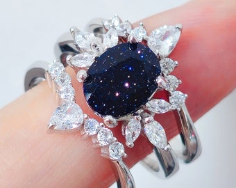 Personalice el anillo de arenisca azul, anillo de bodas personalizado para ella, anillo de compromiso, anillo de nebulosa, anillo de promesa de mujer, conjuntos nupciales