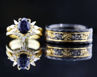 Ensemble de bagues de promesse assorties personnalisées, bagues de mariage personnalisées pour couple, bague de fiançailles pour elle et lui, bague en grès bleu, bague en tungstène