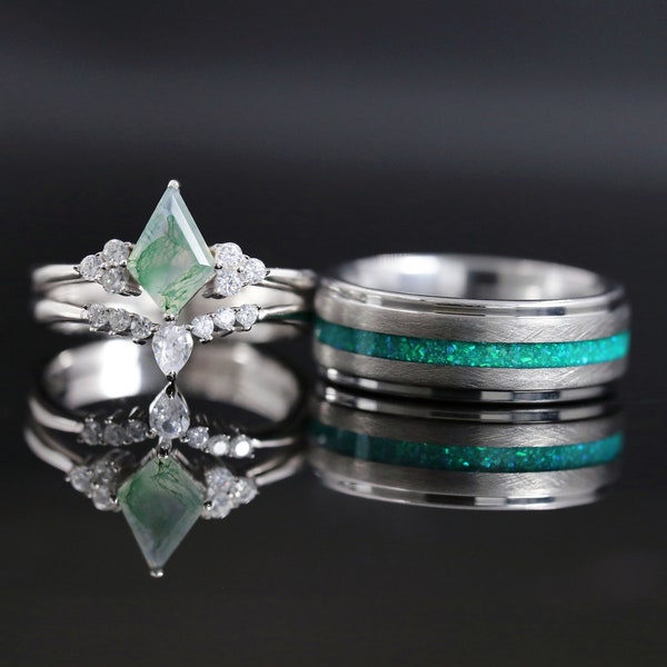 Set di anelli di promessa abbinati personalizzati, fedi nuziali personalizzate per coppia, anello di fidanzamento per lui e per lei, anello di agata muschiosa, anello di tungsteno