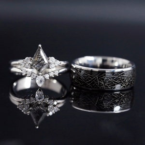 Bagues de mariage personnalisées, bague de fiançailles personnalisée pour lui et la sienne, bagues de promesse assorties pour couple, bague en quartz rutilé noir naturel