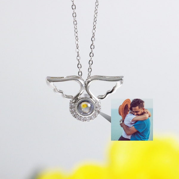 Photo Projection Necklace, Custom Picture Necklaces with Angel Wings, Personalized Guardian Angel Charm Necklaces, Customized Memorial Gift