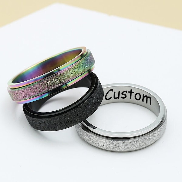 Fidget Spinner Ring, Personalized Anxiety Ring, Rainbow Spin Ring, Stainless Steel Ring for Her Him