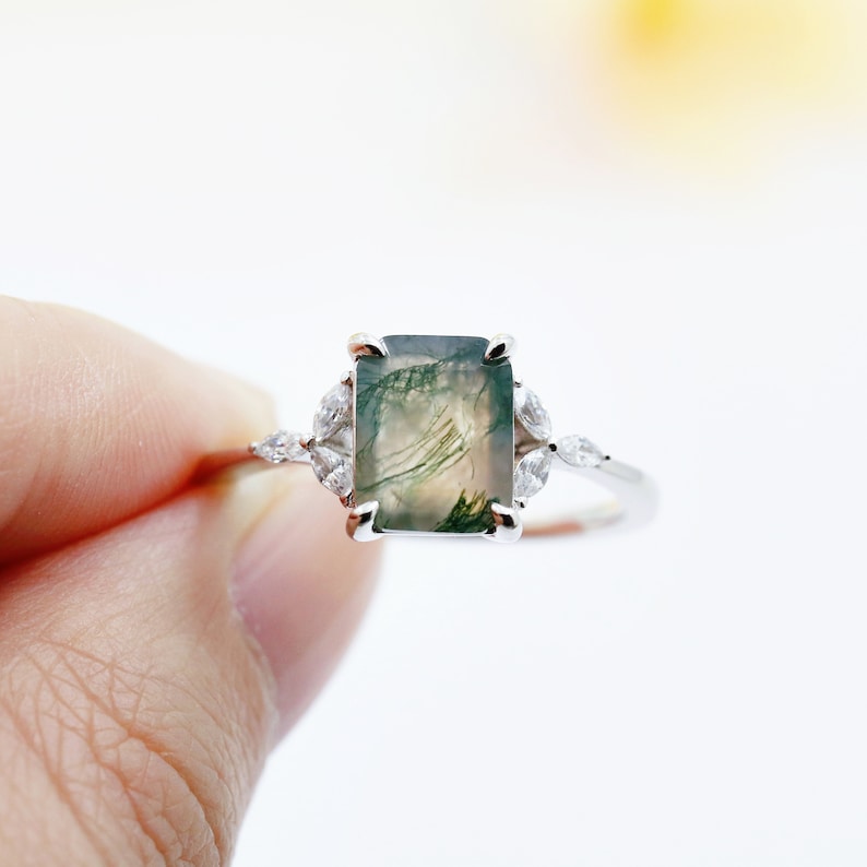 Natural Moss Agate Ring, Green Moss Agate Ring, 925 Sterling Silver Moss Ring, Wedding Band for Her, Promise Ring, Womens Engagement Ring image 2