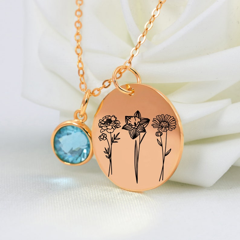 Collier combiné de bouquet de fleurs du mois de naissance, collier de mères personnalisé avec pierres de naissance, cadeau floral personnalisé pour grand-mère Nana maman mère image 4