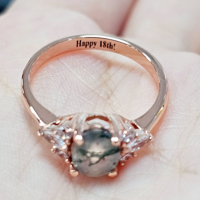 Natural Moss Agate Engagement Ring for Women, Personalized Engraved Gemstone Ring, Custom Wedding Band, Vintage Green Moss Agate Stone Ring image 8