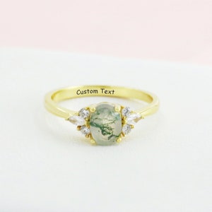 Natuurlijke mos Agaat verlovingsring voor vrouwen, gepersonaliseerde gegraveerde edelsteen ring, aangepaste trouwring, vintage groene mos Agaat stenen ring afbeelding 2
