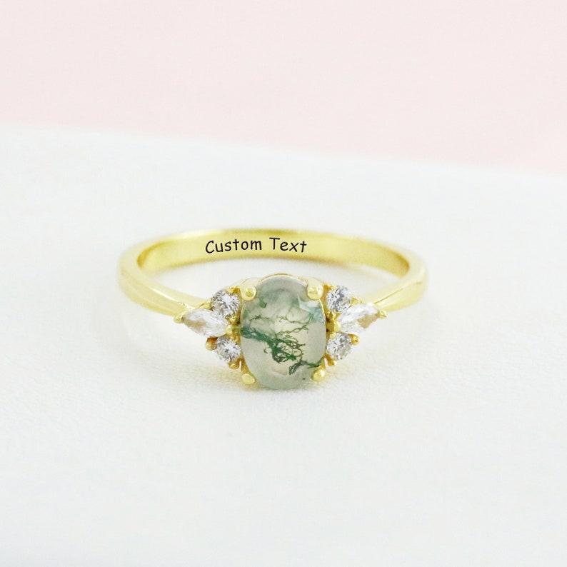 Natural Moss Agate Engagement Ring for Women, Personalized Engraved Gemstone Ring, Custom Wedding Band, Vintage Green Moss Agate Stone Ring image 2