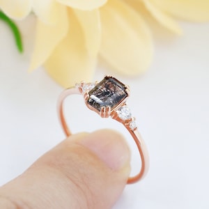 Rutilated Quartz Ring, Natural Black Gemstone Ring, Engagement Ring for Women, Wedding Ring, Promise Ring, Sterling Silver Plated Rose Gold image 5