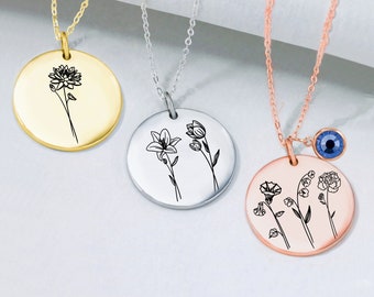 Collier combiné de bouquet de fleurs du mois de naissance, collier de mères personnalisé avec pierres de naissance, cadeau floral personnalisé pour grand-mère Nana maman mère