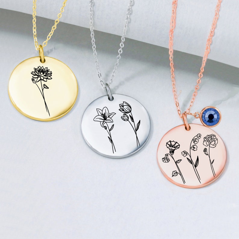 Collier combiné de bouquet de fleurs du mois de naissance, collier de mères personnalisé avec pierres de naissance, cadeau floral personnalisé pour grand-mère Nana maman mère image 1