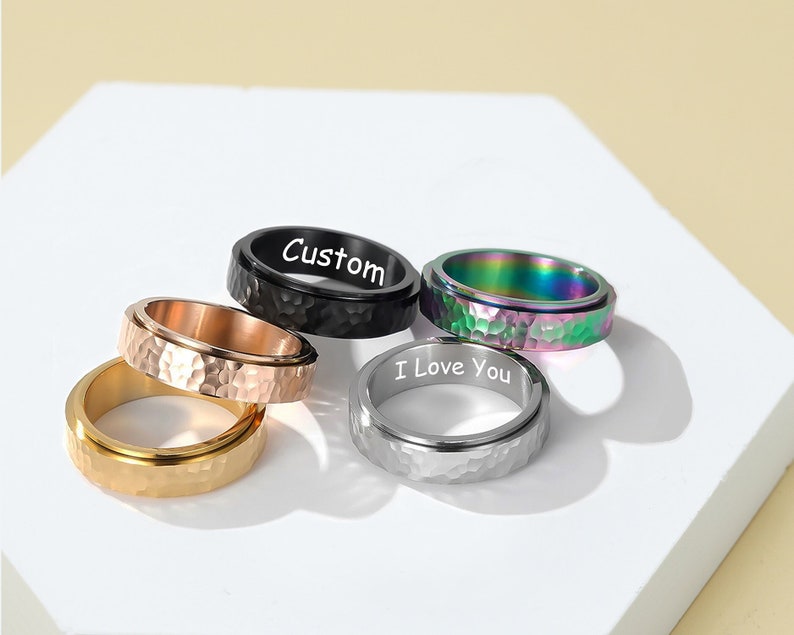 Custom Fidget Ring, Personalized Anxiety Ring, Hammered Spinner Band ...