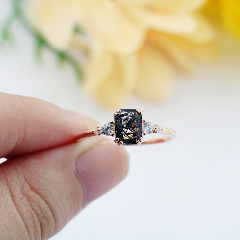 Rutilated Quartz Ring, Natural Black Gemstone Ring, Engagement Ring for Women, Wedding Ring, Promise Ring, Sterling Silver Plated Rose Gold image 3