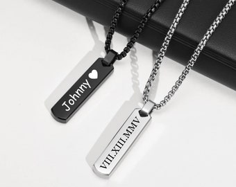 Gepersonaliseerde gegraveerde ketting voor hem, heren aangepaste bar ketting, roestvrijstalen naamketting, cadeau voor vriend/vader