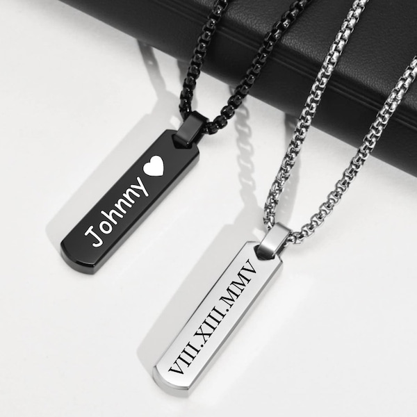 Personalized Engraved Necklace for Him, Mens Custom Bar Necklace, Stainless Steel Name Necklace, Gift for Boyfriend/Father