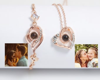 Collar de proyección de fotos, pulsera de proyección de imágenes, collar de corazón personalizado, collar de oro rosa personalizado, regalo para sus mujeres mamá