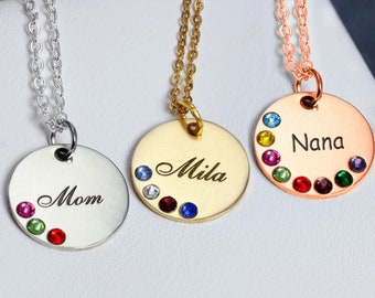 Personalized 1-8 Birthstone Necklace, Custom Name Necklace with Birthstone, Kids Birth Month Stones Necklace for Mom Grandma Nana