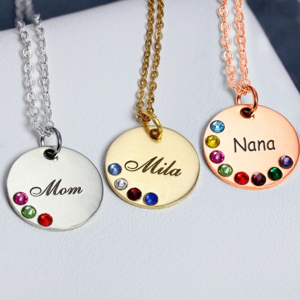 Personalized 1-8 Birthstone Necklace, Custom Name Necklace with Birthstone, Kids Birth Month Stones Necklace for Mom Grandma Nana