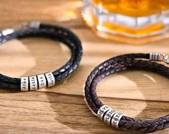 Bracciale in pelle con incisione del nome, braccialetto in pelle nera, braccialetto con nome marrone, regalo per lui, regalo per papà