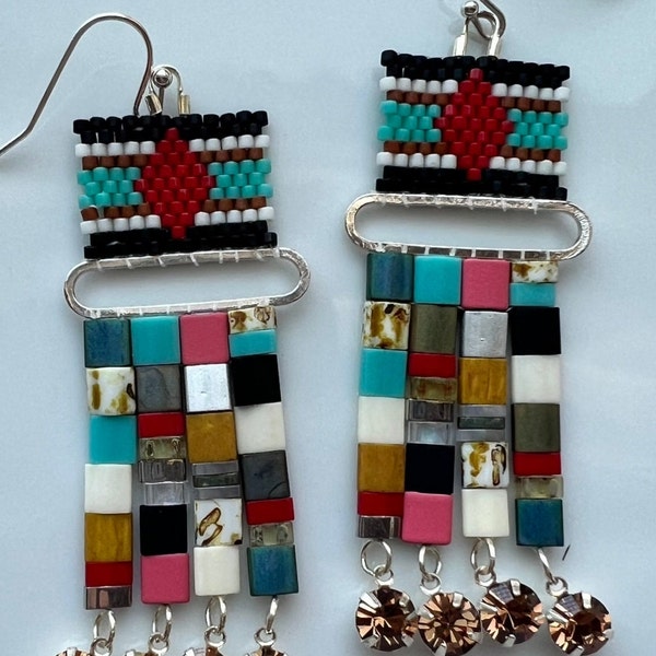 Funky hand-beaded earrings with rhinestone dangles