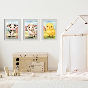 Baby Bauernhof PNG Clipart Bundle | Aquarell Kunstdrucke Süßes Küken, Lamm und Kalb | Digitaler Download für Handwerk, Sublimation, Wandbild A