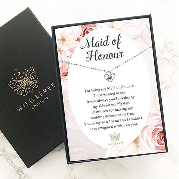 Maid of Honour Necklace Jewellery Gift Present with Special Thoughtful Words and Beautiful Gift Box Perfect for Wedding Day Gift