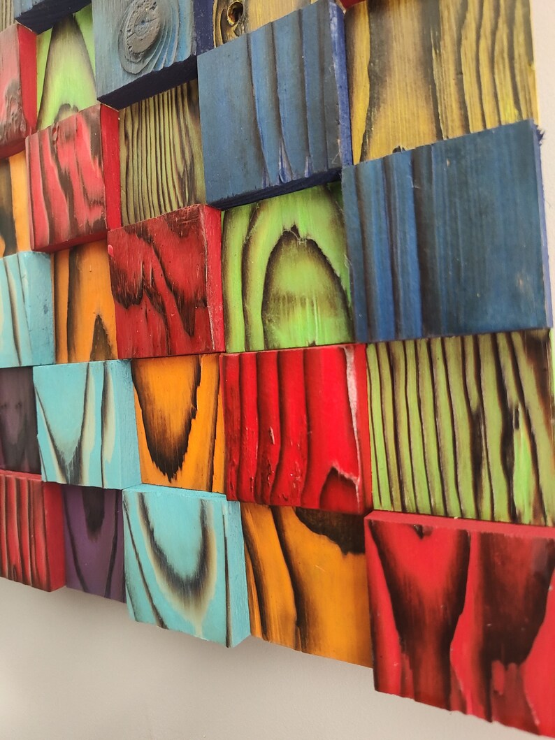 Shou Sugi Ban Handmade Reclaim Wood Decor Sign, Colorful 3d Wood Block Sound Diffuser Wall