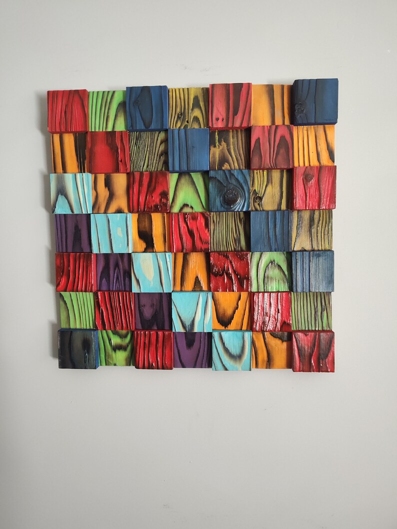 Shou Sugi Ban Handmade Reclaim Wood Decor Sign, Colorful 3d Wood Block Sound Diffuser Wall