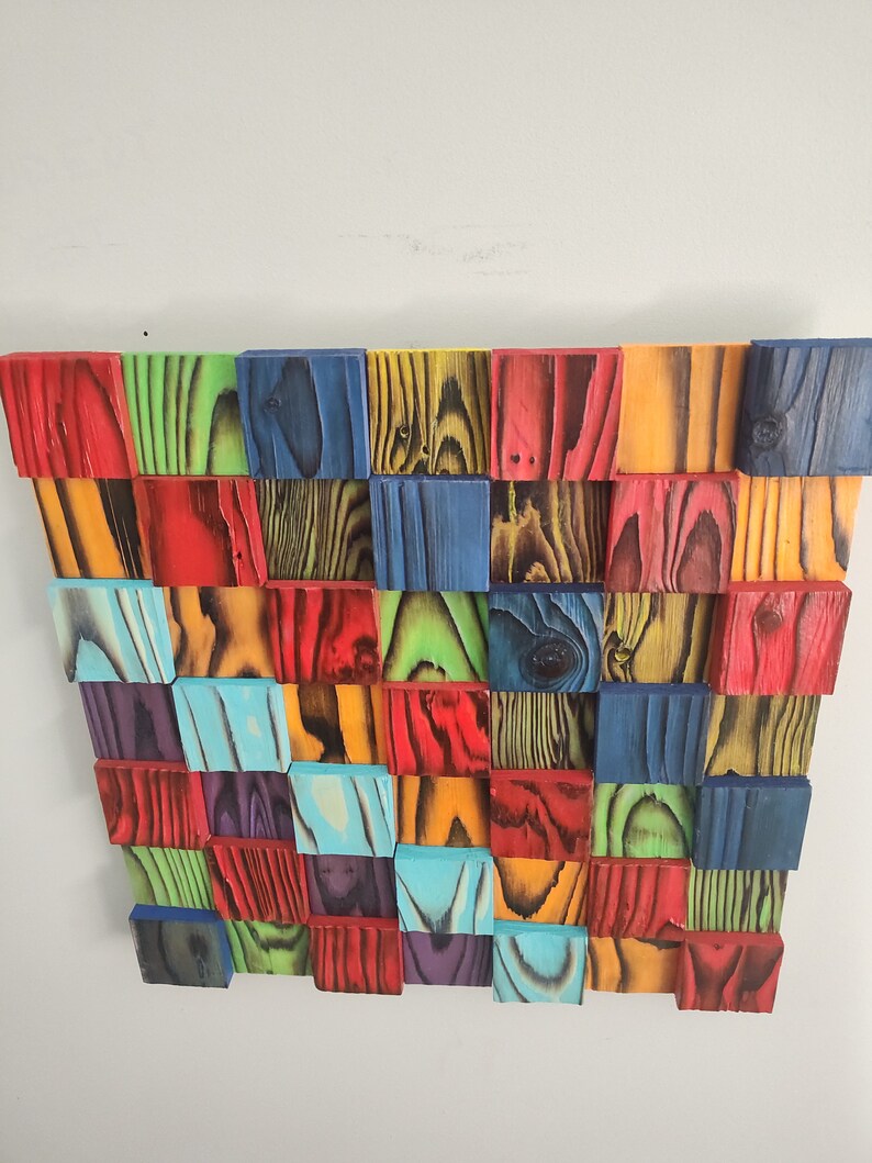 Shou Sugi Ban Handmade Reclaim Wood Decor Sign, Colorful 3d Wood Block Sound Diffuser Wall