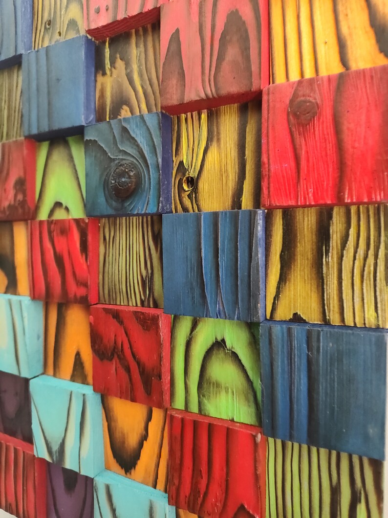 Shou Sugi Ban Handmade Reclaim Wood Decor Sign, Colorful 3d Wood Block Sound Diffuser Wall