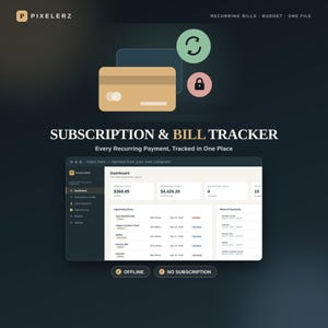 May include: A digital subscription and bill tracker interface titled SUBSCRIPTION & BILL TRACKER. The dashboard displays monthly totals, estimated yearly costs, and upcoming dues. Features include a credit card icon, refresh and lock icons, and offline status.