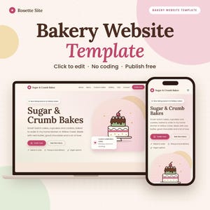 May include: A digital bakery website template featuring a laptop and smartphone display. The interface shows the brand name Sugar & Crumb Bakes, a cake illustration, and navigation buttons. The design uses a soft pink and cream color palette.