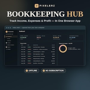 Puede incluir: Una interfaz de panel digital para una aplicación de contabilidad en navegador. Muestra datos financieros que incluyen ingresos, gastos, beneficio neto y facturas pendientes, junto con una lista de actividad reciente y un gráfico de anillo.