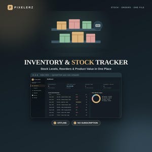Könnte beinhalten: Eine Software-Oberfläche zur Bestands- und Lagerverfolgung mit dem Titel INVENTORY & STOCK TRACKER. Das Dashboard zeigt Lagerbestände, Nachbestellungen und Produktwerte an. Es verfügt über ein dunkles Design, eine Liste und ein Kreisdiagramm.
