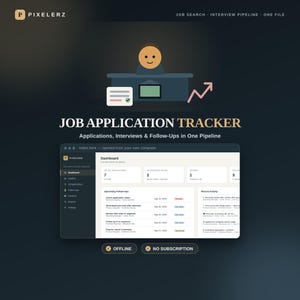 May include: A digital job application tracker dashboard interface titled PIXELERZ. The screen displays a dashboard with metrics for active applications, interviews, offers, and follow-ups, alongside a list of upcoming tasks and recent activity.