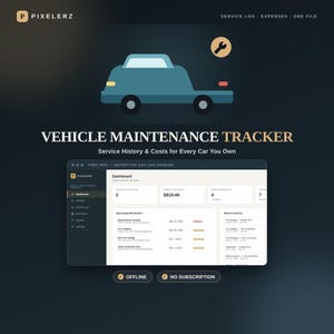 May include: A digital vehicle maintenance tracker interface displaying a dashboard with service history and costs. The screen shows sections for vehicles tracked, total spent, open reminders, and upcoming service tasks for multiple cars.