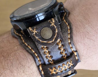 Handmade Distressed Vintage Leather Watch Cuff Band: Cross Stitching