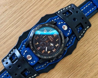 Handmade Leather Cuff Watch Strap: Black and Navy Blue