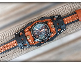 Handmade Leather Cuff Watch Strap: Black and Orange
